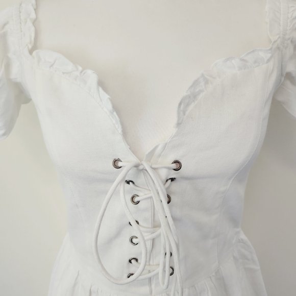 White Puff Sleeve Lace Up Milkmaid Puff Sleeve Sweetheart Skater Dress Cotton - Picture 13 of 15